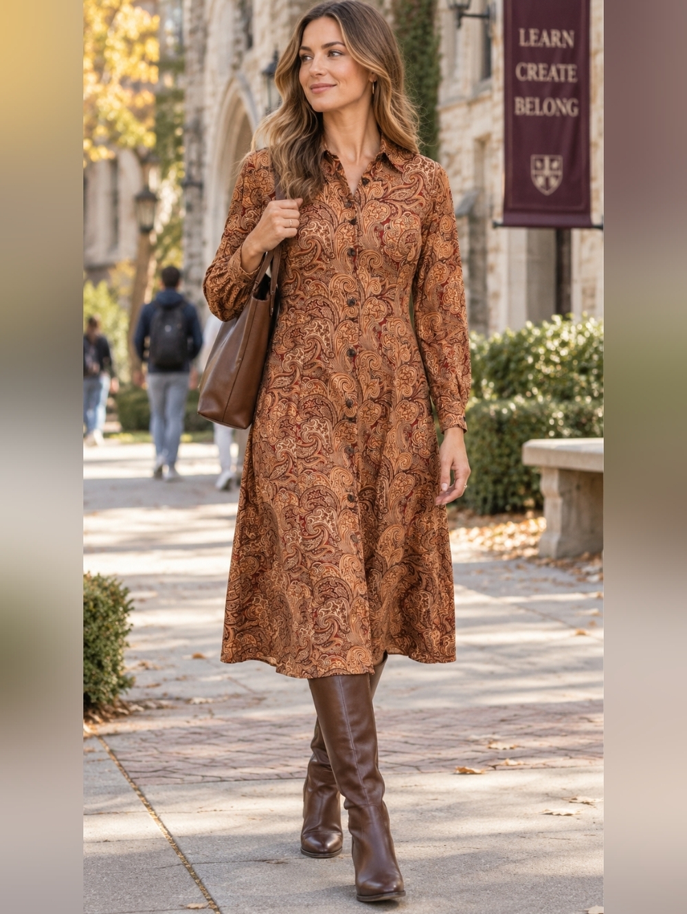 Vintage Paisley Button-Front Shirt Dress - Brown & Burgundy Elastic Back Teacher